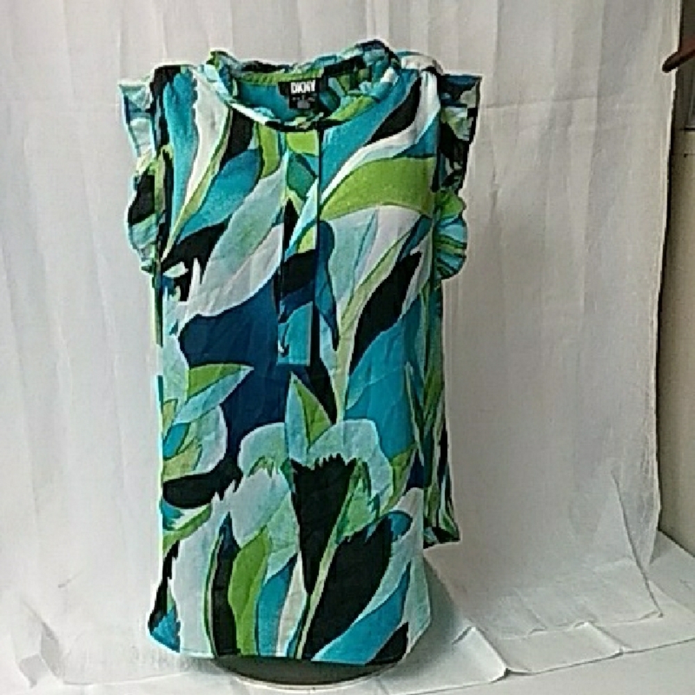 DKNY Green and Blue Graphic Sleeveless Blouse